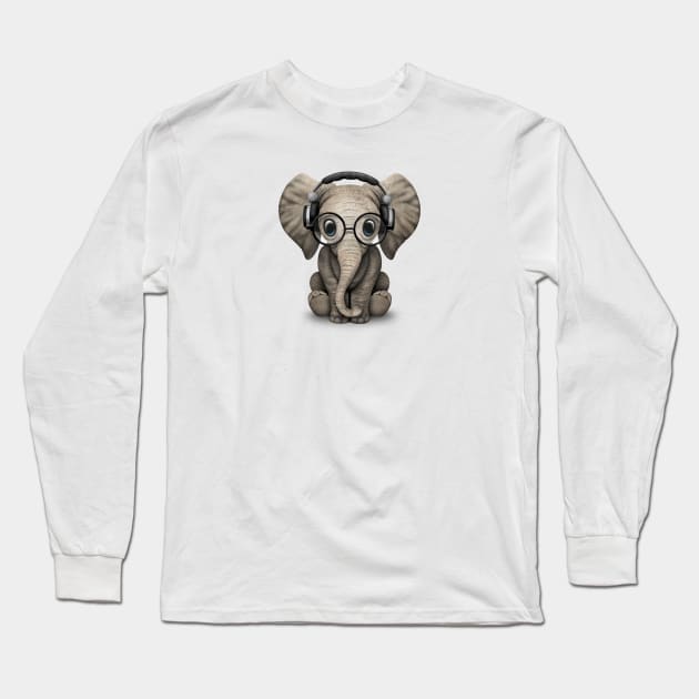 Cute Baby Elephant Dj Wearing Headphones and Glasses Long Sleeve T-Shirt by jeffbartels